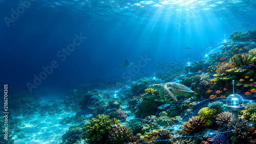 Premium conceptual visualization of ocean conservation supported by advanced environmental technology, featuring a healthy coral reef ecosystem beneath a sophisticated digital monitoring network