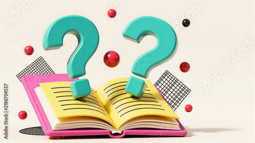 Curiosity personified Question marks hover over an open book, symbolizing learning and inquiry