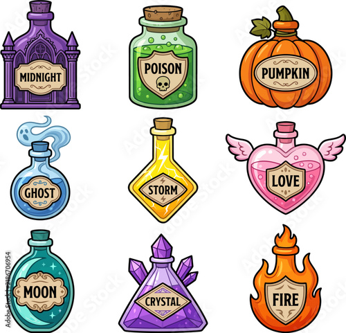 Set of colorful fantasy magic potion bottles with mysterious labels for halloween and mystical themed designs