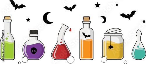 Set of colorful halloween potion bottles with spooky bats and spider web decorations for holiday design