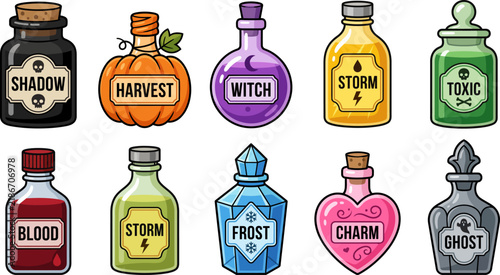 Set of colorful fantasy potion bottles with various magical labels for games and fun projects