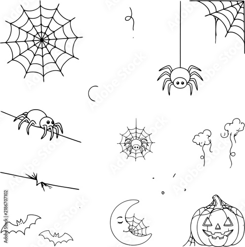Set of cute hand drawn halloween spiders and cobwebs for spooky holiday design elements and crafts