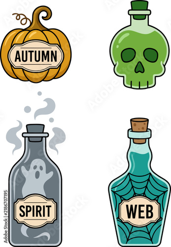 Set of Halloween potion bottles with spooky pumpkin and spectral spirit labels for mystical design projects
