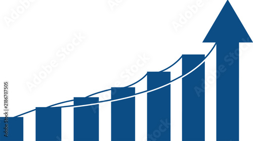 Blue financial growth bar chart with rising arrow, corporate business success graph vector, professional economic progress data visualization