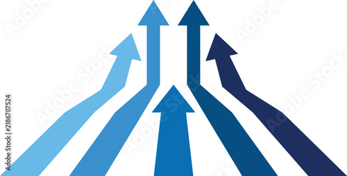 Blue business growth arrows pointing up. Financial success and corporate progress concept. Abstract rising arrow vector graphic.
