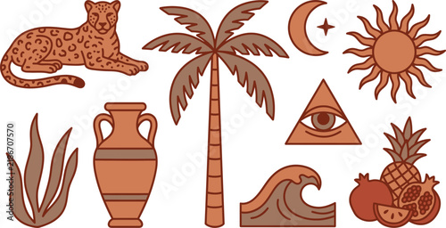 Bohemian terracotta mystical icons set, 10 aesthetic desert vector elements, earthy leopard and palm tree graphics