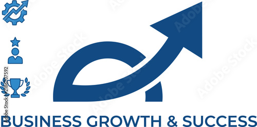 Business growth and success logo, blue corporate arrow icon, financial strategy vector with trophy and gear symbols