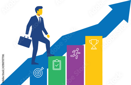 Business growth concept with businessman climbing bar chart, financial success arrow, corporate career path vector