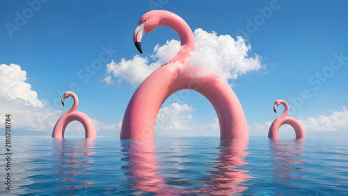 Surreal photorealistic scene of three pink flamingos standing in calm blue ocean water, featuring a giant flamingo in the center with two smaller flamingos in the background. Bright blue sky.