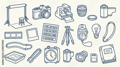 Cuadro en lienzo A comprehensive collection of vintage and modern photography equipment and darkroom tools in a detailed line art style