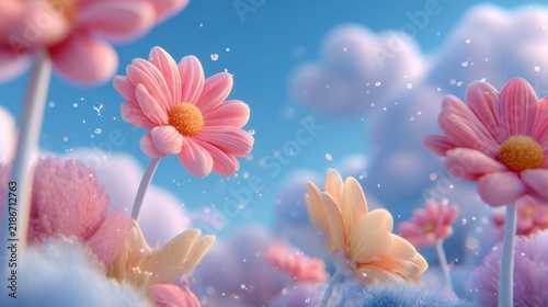 Fantasy landscape with pink and yellow flowers emerging from fluffy clouds.