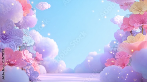 Fantasy spring scene with pastel clouds and flowers.