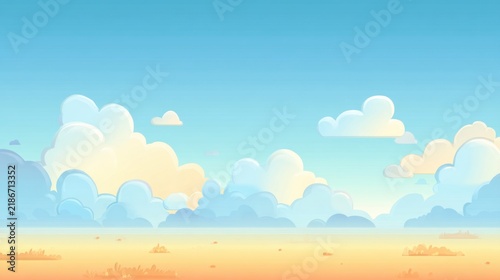 Desert landscape with a blue sky and fluffy clouds background illustration.