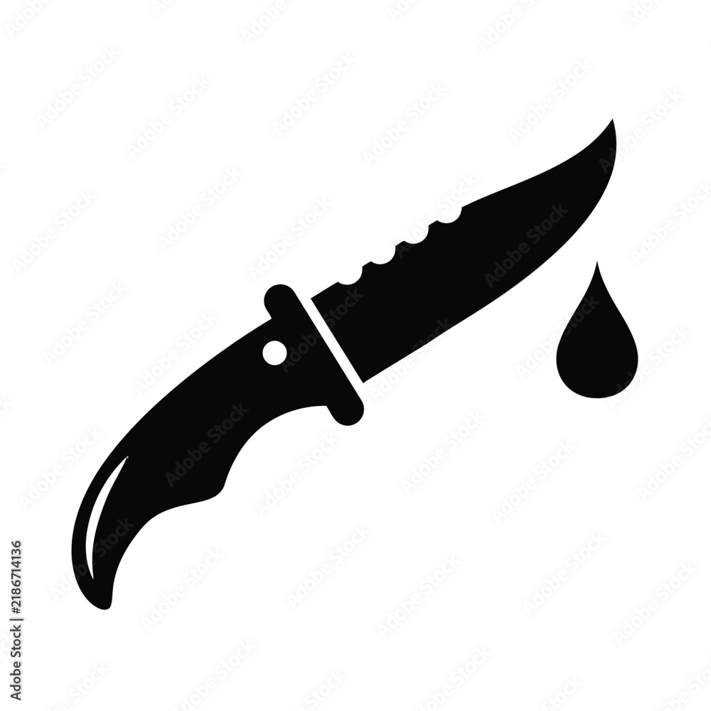 Obraz premium Sharp military combat knife vector illustration displaying a dangerous weapon with a single dark dripping liquid drop for graphic design