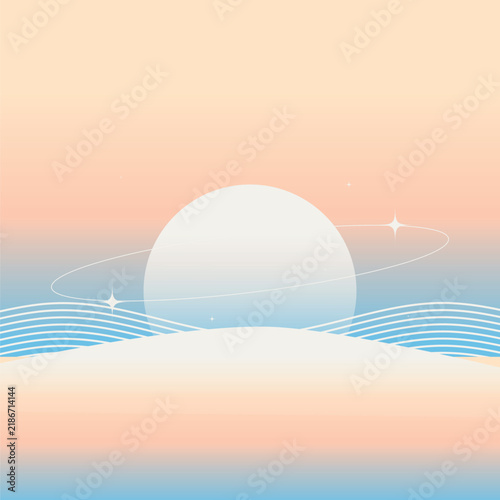 Sun over the Ocean with Flowing Winds Lines, The Sun with Thin Orbit Ring and Glitters, Yellow and Blue Gradient Background, Abstract Art