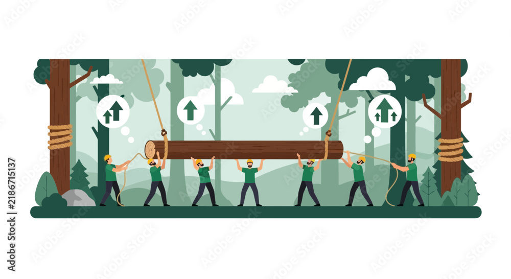 Fototapeta premium Teamwork and Growth Concept: Workers Collaborating to Lift Large Log in Forest Illustration