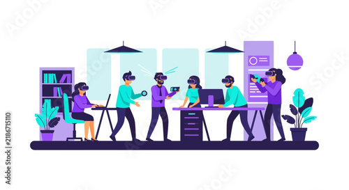 Professional Team Using VR Headsets in Modern Office, Virtual Reality Collaboration and Digital Transformation Illustration