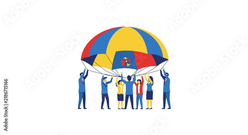 Business Team Holding Giant Parachute for Teamwork and Protection Concept