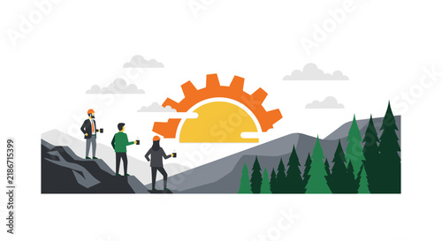 Industrial engineering vision concept with gear sunrise and business team