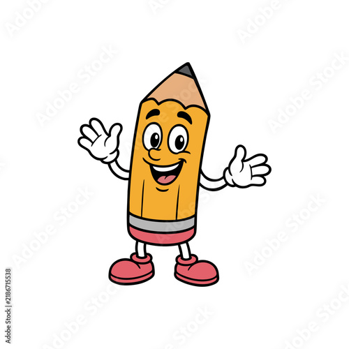 Happy Pencil Character Waving Hello.