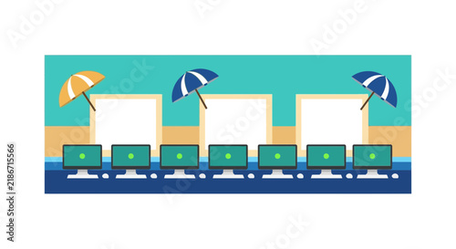 Remote Work and Digital Nomad Concept Illustration with Computer Monitors and Beach Umbrellas