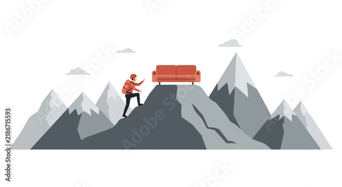 Hiker Climbing Mountain Peak to Reach Red Sofa Vector Illustration