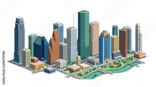 Houston skyline vector with isometric skyscrapers and city park