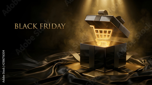 Glowing Golden Shopping Cart Emerging from Open Black Gift Box on Silk Fabric