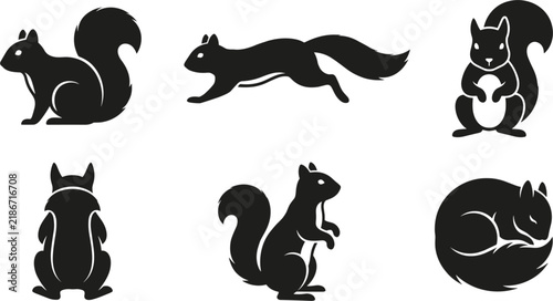 Six Black Squirrel Silhouettes Depicting Various Natural Poses and Behaviors