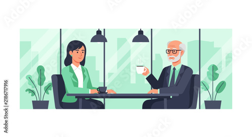 Business Mentorship and Meeting in Modern Office Cafe