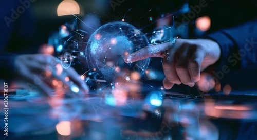 Business professional interacting with a digital globe hologram on a desk