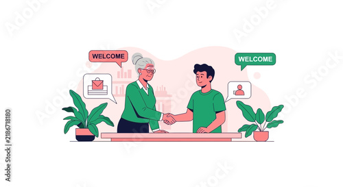 Modern Flat Illustration of Employer Welcoming New Employee with Handshake, Concept for Job Recruitment, Onboarding, and Intergenerational Mentorship.