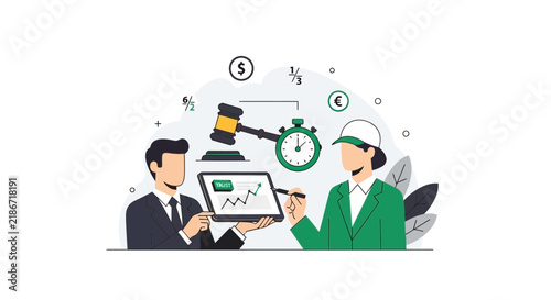 Business Law and Financial Growth Concept Illustration with Gavel, Stopwatch, and Professional Collaboration