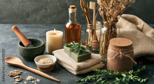 Natural spa and wellness products with organic soap and mortar on dark stone