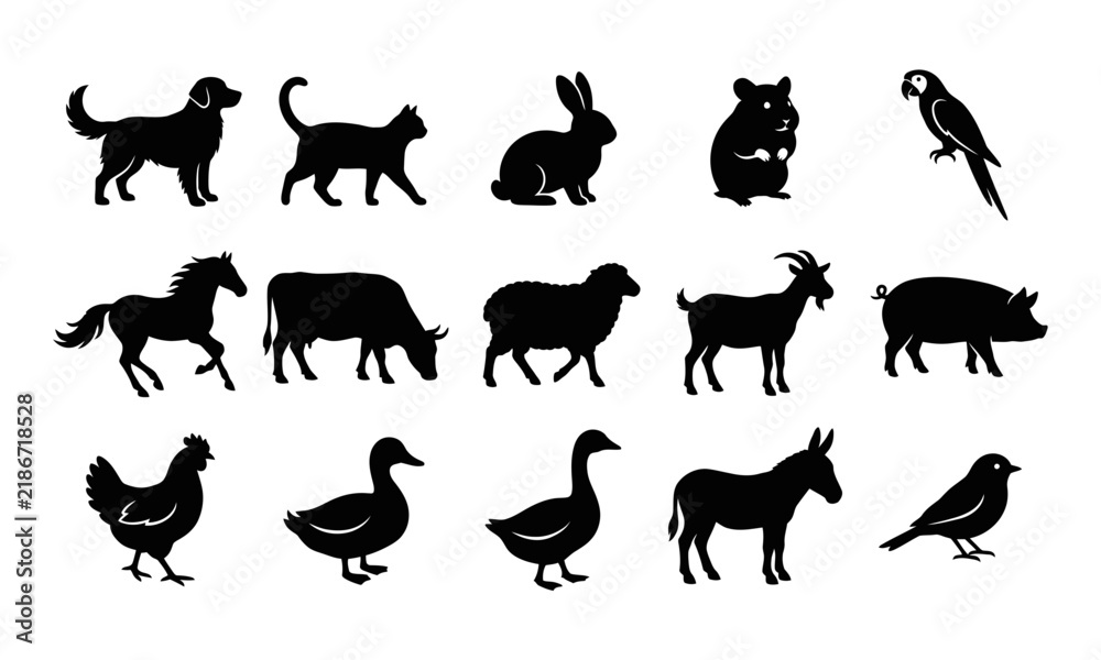Fototapeta premium Collection of black silhouettes representing various domestic farm animals and common household pets on white background isolated