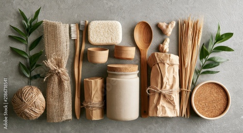 Eco-friendly zero waste bathroom and kitchen products on a stone surface