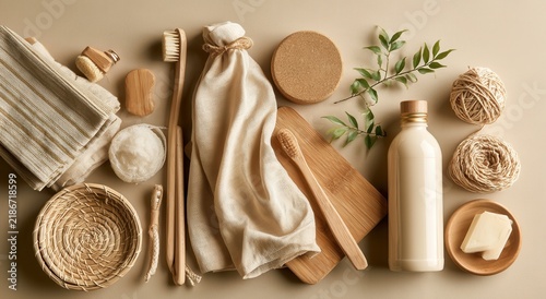 Zero waste bathroom accessories and natural skincare products on beige background