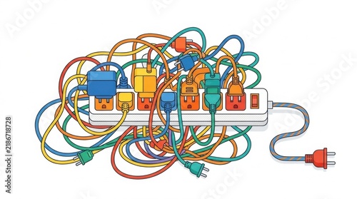 Vector illustration of tangled colorful power cables and plugs in an overloaded surge protector
