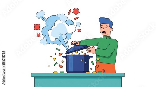 Cartoon of man surprised by exploding pot with steam and food in kitchen