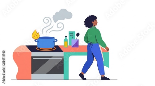 Black woman walking away from burning pot on kitchen stove illustration