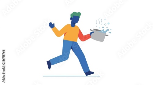 Flat vector illustration of a person rushing with a steaming pot of boiling water isolated