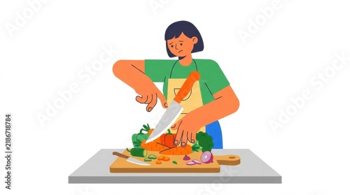 Stressed Woman in Apron Cutting Fresh Vegetables on a Wooden Board Illustration