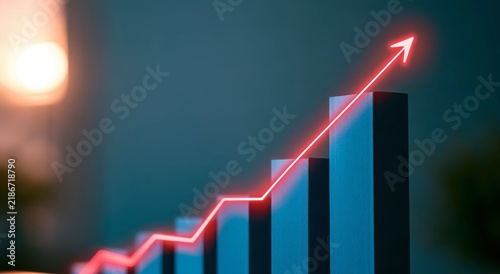 Glowing red arrow rising over a blue bar chart representing business growth