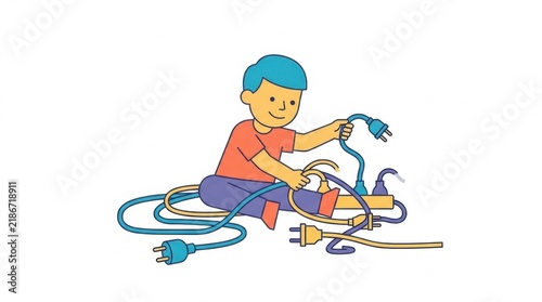 Cartoon boy organizing tangled electrical power cords and plugs on white background