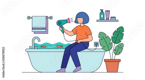 Woman sitting on bathtub edge holding hairdryer with fish swimming in water illustration