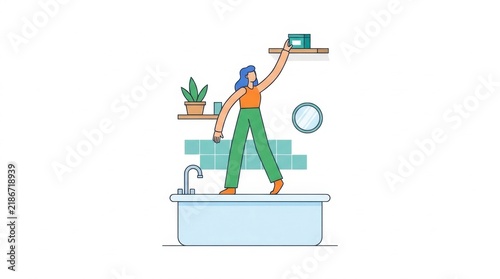 Flat vector illustration of woman reaching for box on high shelf standing on bathtub
