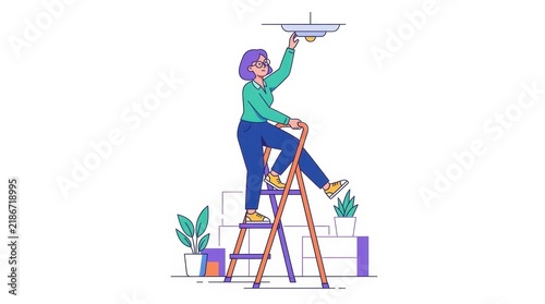 Woman on step ladder changing ceiling light bulb flat vector illustration