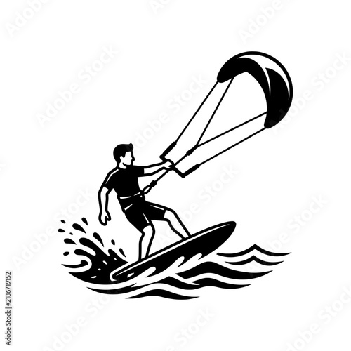 Kitesurfing Surfer Riding Wave Vector Illustration - Extreme Water Sport Line Art Icon