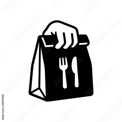 Hand Holding Food Delivery Paper Bag Vector Illustration - Takeaway Line Art Icon