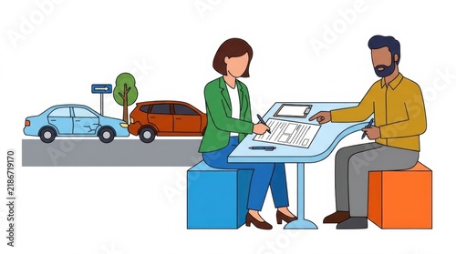 Insurance agent helping driver fill out accident report forms after vehicle collision illustration